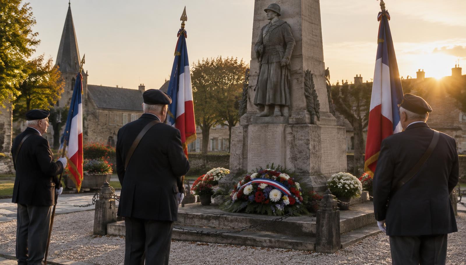 Porte-drapeaux devant un monument aux morts lors d'une cérémonie commémorative